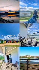 un collage de cuatro fotos de sillas y el océano en Lara's Hotel en Capitólio