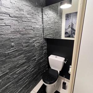 een badkamer met een toilet en een stenen muur bij Appartement Cosy proche Disney in Pontault-Combault