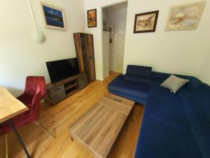 uma sala de estar com um sofá azul e uma televisão em Happy Home - inclusive Pool & Sauna em Bad Harzburg