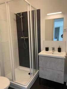 a bathroom with a shower and a sink at Interno Casa in Sopron