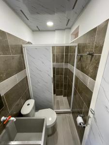 a bathroom with a white toilet and a shower at APARTAMENTO vista VERDE DORADAL in Doradal