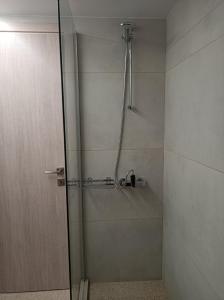 a shower with a glass door in a bathroom at Apartment Dipla 3 in Athens