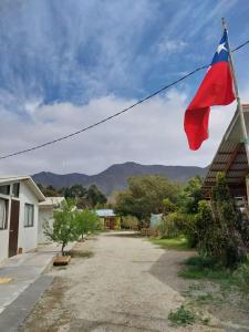 a flag hanging on a pole in a yard at Pura Vida El Molle in Vicuña