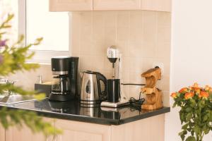 a kitchen counter with a coffee maker on a counter top at Grey House in Chorafakia