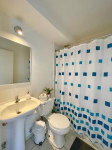 a bathroom with a white toilet and a sink at Laguna Redonda · Hermoso Departamento con Espectaculares Vistas in Concepción