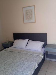 uma cama num quarto com duas mesas e uma foto na parede em Popi's Apartment em Goníai
