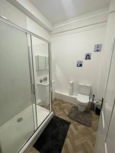 a bathroom with a shower and a toilet at Luxury,Location and Convenience in Bournemouth