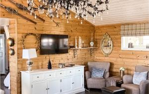 a living room with a tv on a wooden wall at Amazing Home In B I Telemark With Wifi in Lifjell