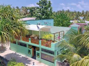 a green building with palm trees in front of it at Turtle Maldives - Your Gateway to the Beach & Marine Adventures Await! in Omadhoo