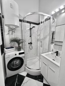 ein Bad mit einer Dusche und einer Waschmaschine in der Unterkunft CENTRAL DAINTY in Zagreb
