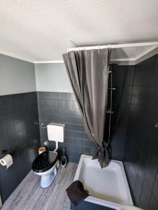 een badkamer met een douche, een toilet en een bad bij Flensburg Zentrum 10 HH 1OG ML in Flensburg