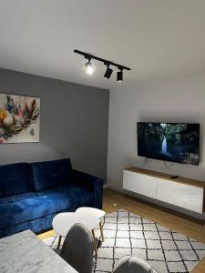 ein Wohnzimmer mit einem blauen Sofa und einem Flachbild-TV in der Unterkunft Apartman Kosuta Lux in Tjentište
