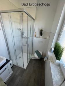 a bathroom with a shower with a toilet and a sink at Doppelhaushälfte mit Terrasse in Lichtenhagen