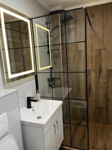 een badkamer met een wastafel en een douche bij Apartman Kosuta Lux in Tjentište