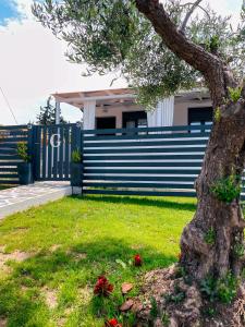 a tree in front of a house with a fence at Gardy rooms in Nea Kalikratia