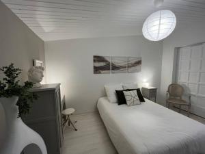 シャンプニエにあるGîte aux portes d'Angoulêmeの白いベッドルーム(ベッド1台、ペンダントライト付)