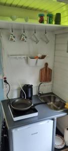 a kitchen with a sink and a frying pan on a stove at Pipowagen 