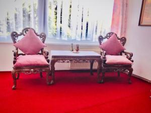 two chairs with pink pillows and a table in a room at Just Bar - Pension in Gadebusch