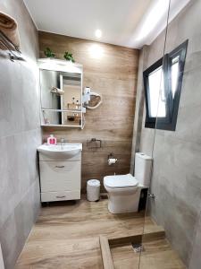 a bathroom with a toilet and a sink and a mirror at Gardy rooms in Nea Kalikratia