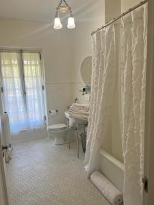 een badkamer met een douche, een toilet en een wastafel bij Rushmore Estate in Woodbury