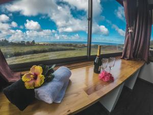 a window sill with a bottle of wine and glasses at Maunga Roa Eco Lodge in Hanga Roa