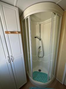 La salle de bains est pourvue d'une douche avec une porte en verre. dans l'établissement mobil-home cosy, calme, therme, aquensis, casino, à Bagnères-de-Bigorre