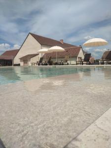 a pool of water with umbrellas in front of a building at Le Prieur&eacute; de Boulogne in Tour-en-Sologne
