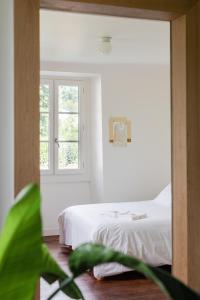1 dormitorio con cama blanca y ventana en Maison Gamboia, chambres et table d'hôtes au calme avec jardin, en Hasparren