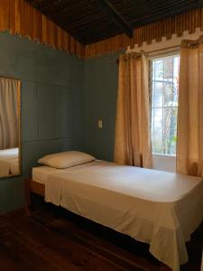 1 dormitorio con 1 cama grande y ventana en Mauras Tropical Mini Hostel & Tours, en Paquera