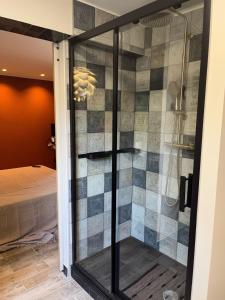- Ducha de cristal en una habitación con cama en Les Chambres de Marc, en Fontenille-Saint-Martin-d'Entraigues