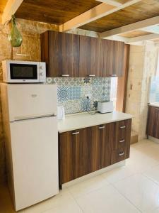 a kitchen with a white refrigerator and a microwave at Serenity in Qormi