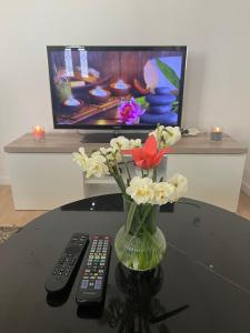 a vase of flowers on a table with a television at Cottage Larris - proche Aéroport - navette Gare in Beauvais +51 photos