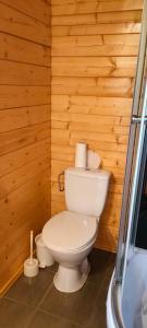 a bathroom with a toilet in a wooden wall at Domek letniskowy u Bodzia in Kruklanki