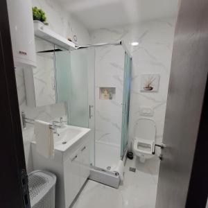ein weißes Badezimmer mit Dusche und Waschbecken in der Unterkunft PIK Apartmani in Vrnjačka Banja + 11 Fotos