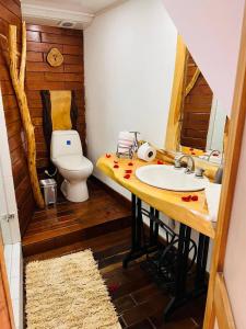 La salle de bains est pourvue d'un lavabo et de toilettes. dans l'établissement Cabaña en la Calera el Pinar, à La Calera