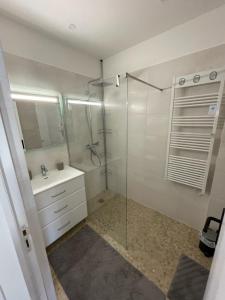 a bathroom with a glass shower and a sink at Confortable, au centre-ville in Saint-Claude
