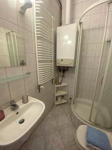 ein Bad mit einem Waschbecken, einer Dusche und einem WC in der Unterkunft Pokoje W Pięknej Kamienicy W Centrum W Głogówku in Głogówek