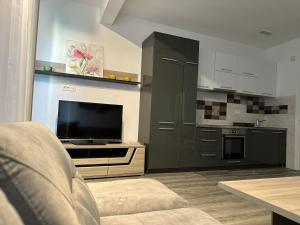 a kitchen with a television and a kitchen with a stove at Apartment Kovac in Herceg-Novi