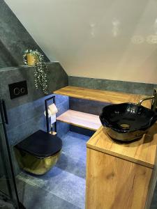 a bathroom with a black sink and a tub at Apartament Kamienica Loft in Kudowa-Zdrój