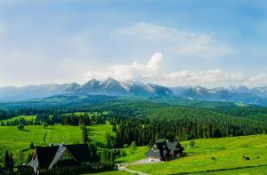 una casa en una colina verde con montañas en el fondo en Pokoje Gościnne Panorama, en Rzepiska