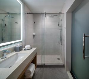 a bathroom with a shower and a sink and a tub at The Westin Houston Medical Center - Museum District in Houston +47 photos