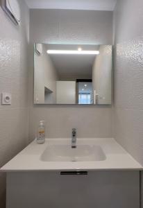 a bathroom with a white sink and a mirror at L'Etape, logement climatisé ! in Beire-le-Châtel