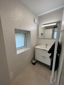a bathroom with a sink and a mirror at L'Etape, logement climatisé ! in Beire-le-Châtel