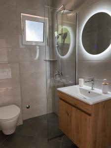 W łazience znajduje się umywalka, toaleta i lustro. w obiekcie Apartmani Živanović Ulcinj w Ulcinju