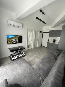 sala de estar con sofá y TV de pantalla plana en Suite64 Apartments, en Antalya