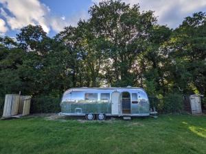 a green trailer parked in a grass field at Airstream, vintage American caravan & Hottub in Ashburton