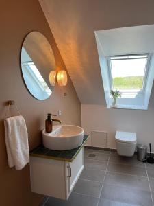 a bathroom with a sink and a mirror at GaestFri Overnatning in Gjern