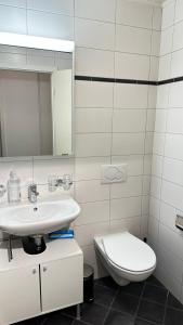 La salle de bains est pourvue d'un lavabo, de toilettes et d'un miroir. dans l'établissement Quartier de Plainpalais, à Genève