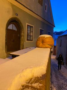 ein Schlafzimmer mit einem großen Bett mit Schnee darauf in der Unterkunft Cesky Krumlov centrum ap 6 in Český Krumlov