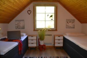 a room with two beds and a laptop on a desk at Villa Rosenrot in Userin